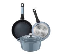 Lot de 2 poêles de Ø20Ø26cm Aluminium pressé + Casserole avec couvercle Ø25,5x12cm (5L) en fonte couleur bleue NOIA San Ignacio