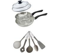 Lot de 2 Poêles en inox 20/24 cm avec couvercles Fackelmann Geneva avec 5 ustensiles de cuisine