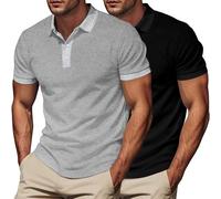 Lot de 2 polos gaufrés à manches courtes pour homme, col boutonné, respirant, léger, Polo De Hombre Noir+Gris, S