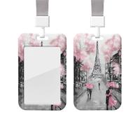 Lot de 2 porte-badges en plastique avec tour Eiffel de Paris et motif floral rose avec dragonne pour protection de carte d'identité, porte-nom avec fenêtre transparente pour infirmière, médecin,