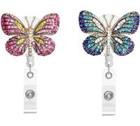 Lot de 2 porte-badges rétractables en diamant avec pince crocodile pivotante pour enseignants, étudiants, employés (papillon bleu cristal et rose)