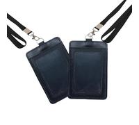 Lot de 2 porte-badges verticaux en cuir synthétique avec cordon et 2 emplacements pour cartes, fenêtre transparente pour carte d'accès, cartes de crédit, cartes de visite, cartes de travail (noir)