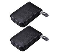 Lot de 2 Porte-Cartes Multifonctionnels en Cuir de Vachette Noir, Étui Compact avec Plusieurs Emplacements pour Cartes de Crédit et Carte de Visite, Fermeture Éclair Solide,