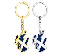 Lot de 2 porte-clés en acier inoxydable émaillé Motif carte de l'Écosse | Ensemble doré et argenté, motif contour écossais, pour homme et femme, porte-clés souvenir