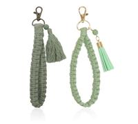 Lot de 2 porte-clés en corde tressée verte, porte-clés en dentelle, pendentif de sac d'école, porte-clés à pompons, porte-clés court, vert, 19*6cm，20*8cm