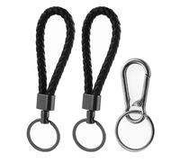 Lot de 2 porte-clés en cuir tressé avec 1 mousqueton, petit, unisexe, porte-clés en cuir tressé de qualité supérieure, porte-clés de voiture pour moto, Noir et argenté, Basic