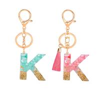 Lot de 2 porte-clés en forme de lettre « K » avec pompon, fermoir mousqueton, porte-clés en résine, accessoires de sac à main pour fille, sac à main (rose-vert), Rose, vert., nein