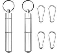 Lot de 2 porte-cure-dents en aluminium avec 4 porte-clés, poche en alliage portable, boîte étanche, pilule en métal, cure-dents et boucles pour pique-nique de voyage et camping, 3 x 0,6 pouces, argent