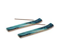Lot de 2 porte-encens ou brûle-encens pour bâtons Insence, récupérateur de cendres ou brûle-encens pour décoration de la maison, porte-encens en bois de manguier, bleu