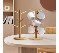 Lot de 2 Porte-Gobelets en Bambou Avec 6 Crochets - Accessoires pour Tasse à Café, Bretzel, Tasses, Saucisses, Colliers, Décorations