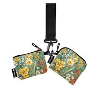 Lot de 2 porte-monnaie avec poche zippée pour femme Motif fleurs de printemps Jonquille Orchidée Papillons Abeille Bleu sarcelle Taille compacte, multicolore, 4.13"(L) x 3.5"(W), Accessoire de voyage