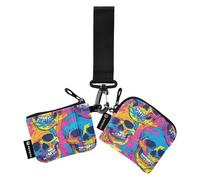 Lot de 2 porte-monnaie colorés pour femmes et filles - Motif crânes dansants - Grande capacité - Organisateurs d'argent avec porte-clés pour femmes et filles, crânes dansant coloré, 1 size, Art déco