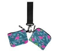 Lot de 2 porte-monnaie, porte-cartes de crédit, portefeuille fin et amovible avec poche zippée pour femme Motif flamant rose et cocotier Bleu, Summer Neon Flamingo Cocotier Bleu, 1 size, Décontracté