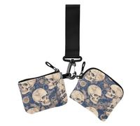 Lot de 2 porte-monnaie pour femme Motif tête de mort mystérieuse Bleu et blanc Taille compacte Fermeture éclair Dragonne Portefeuille avec poche zippée pour pièces de monnaie, Crâne mystérieux bleu et