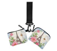Lot de 2 porte-monnaie romantiques parisiens en fer avec fleurs bleues pour cartes de crédit, porte-cartes de visite, organisateur d'argent avec dragonne pour femme, Tour de fer parisienne romantique