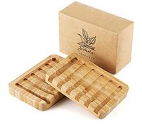 Lot de 2 porte-savon en bambou auto-drainant en forme de cascade pour douche, salle de bain, cuisine, baignoire, rasoir, éponges, comptoir