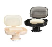 Lot de 2 Porte Savon Ventouse Douche avec Couvercle, Boite a Savon Mural Incliné pour Drainage, Support Eponge Evier Cuisine Antidérapant, Beige et Noir, pour Salle De Bain, Lavabo, 13,4x10,5x8,8cm