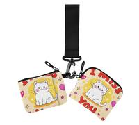 Lot de 2 portefeuilles à double dragonne pour femme avec poche zippée et motif chat blanc I Miss You, Chat blanc mignon I Miss You Cartoon, 1 size, Décontracté