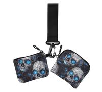 Lot de 2 portefeuilles d'Halloween minimalistes avec porte-clés pour femme Motif tête de mort cauchemar Bleu fluo, Crâne cauchemar yeux néon bleu Halloween, 1 size, Décontracté