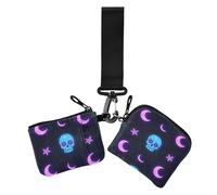 Lot de 2 portefeuilles doubles pour femme avec fermeture éclair et porte-clés pour un usage quotidien Motif étoiles, lunes et squelettes, Étoiles, lunes et squelettes de couleur fluo, 1 size
