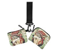 Lot de 2 portefeuilles fins et amovibles pour cartes de visite, porte-monnaie avec dragonne, motif loup tribal, cowboy, indien, vert, Coiffe indienne de cowboy western loup tribal vert, 1 size