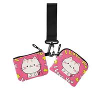 Lot de 2 portefeuilles pour femme avec motif de chat de dessin animé I Love Your Valentine avec dragonne pour le travail, les voyages, I love your valentine cartoon cat, 1 size, Décontracté