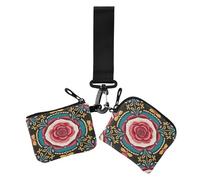 Lot de 2 portefeuilles tendance pour femme Motif floral coloré Noir Boho Porte-cartes d'affaires Mignon Mode Fermeture éclair Porte-monnaie avec porte-clés pour filles 2 packs monedero y tarjetero