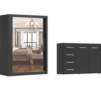 lot de 2 portes coulissantes Armoire Armoire MILAN 150cm avec miroir et FRIDA 01 2D4S , Largeur : 135 cm, Couleur NOIR/NOIR