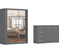 lot de 2 portes coulissantes Armoire Armoire MILAN 150cm avec miroir et FRIDA Frida 01 2D4S , Largeur : 135cm, Couleur : GRAU/GRAU