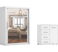 lot de 2 portes coulissantes Armoire Armoire MILAN 180cm avec miroir et Frida 01 , Largeur : 90 cm MINI, Couleur : BLANC/BLANC