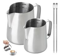 Lot de 2 pots à lait en acier inoxydable, 350 et 600 ml, pichets à mousse de lait avec marqueurs de mesure et stylo à latte art, mousseur à café pour cappuccino, expresso et barista