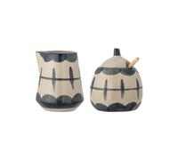 Lot de 2 pots à lait et sucrier en grès bleu foncé, avec couvercle, cuillère en bambou - Bloomingville, Allium - 9x9x12 cm