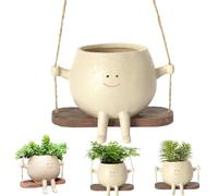 Lot De 2 Pots De Fleurs À Balançoire,Pots De Fleurs À Suspendre, Mignon Pot De Fleurs en Résine avec Visage Sourire Et Balançoire,Jardinière À Suspendre Intérieur Extérieur