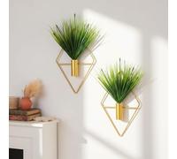 Lot de 2 pots de fleurs à suspendre en forme de diamant avec plantes aquatiques artificielles en métal - Décoration murale géométrique moderne pour maison, salon, bureau (doré, plante aquatique)