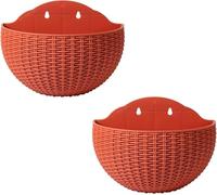 Lot de 2 pots de fleurs à suspendre, imitation rotin, pot de fleurs, pot de fleurs demi-rond, panier à suspendre au mur, pour clôture, porche, jardin, balcon