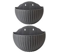 Lot de 2 Pots de Fleurs en Imitation rotin à Suspendre au Mur, en Demi-Cercle avec Trou de Drainage et Crochets, Panier de Jardin en Plastique à Suspendre pour Balcon et clôture (Gris)