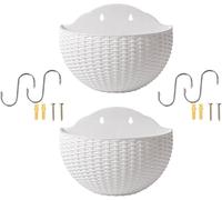Lot de 2 pots de fleurs en imitation rotin à suspendre au mur, en demi-cercle avec trou de drainage et crochets, pot de fleurs décoratif pour la maison, le jardin et la terrasse