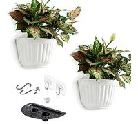 Lot de 2 Pots de Fleurs en résine à Suspendre au Mur Vertical Jardin Salon Montage Mural fenêtre Cuisine Herbes Balcon Balustrade étagère clôture Grille pour intérieur et extérieur Blanc