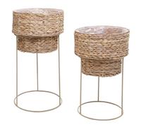 Lot De 2 Pots De Fleurs Hwc-Q45, Jardinière, Bac À Fleurs, Pot De Fleurs, Métal, Jonc D'eau Naturel, Support Beige