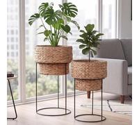 Lot De 2 Pots De Fleurs Hwc-Q45, Jardinière, Bac À Fleurs, Pot De Fleurs, Métal, Jonc D'eau Naturel, Support Noir