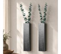 Lot de 2 pots de fleurs muraux en bois LED avec télécommande, vase mural | Jardinières en bois avec LED et télécommande, comprend des tiges d'eucalyptus artificielles, 30 x 4 x 4 cm, noir fin