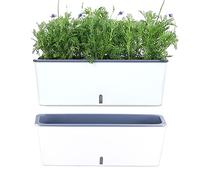 Lot de 2 Pots de Fleurs rectangulaires en Plastique à arrosage Automatique avec Trous de Drainage pour Rebord de fenêtre, 43,2 x 11,4 cm, Blanc