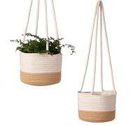 Lot de 2 pots de fleurs suspendus en corde de coton, panier à plantes, en jonc de mer, en coton naturel tissé à la main, avec longue corde suspendue (moyen