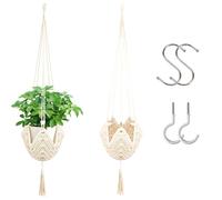 Lot de 2 pots de fleurs suspendus en macramé - Décoration bohème | Pot de fleurs suspendu en corde de coton avec 4 crochets, 95 cm, pour jardin, balcon, fenêtre, décoration murale