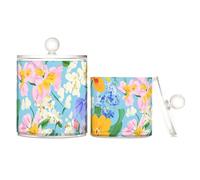 Lot de 2 pots de rangement en plastique transparent avec couvercle pour cotons-tiges, cotons-tiges, cure-dents, trombones, orchidées, fleurs printanières, fleurs de printemps, orchidées, jacinthes
