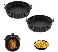 Lot de 2 Pots en Silicone Réutilisables pour Friteuse à Air, 20cm Air Fryer Silicone Pot Panier, Moule Silicone Air Fryer, Convient pour four, Micro-ondes, Friteuse à Air (Noir)