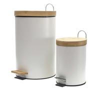 JECHERCHE UNE IDÉE - ME0029 Lot de 2 Poubelles à Pédale 3L - Métal et Bambou Blanc - Tri Sélectif Facile - Entretien Simple - Design Élégant et Polyvalent
