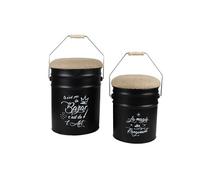 Lot de 2 pouf en forme de bidon rétro en métal et jute "Loft & Metal" - Noir - H 40/31 cm