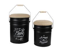 Lot de 2 pouf en forme de bidon rétro en métal et jute ""Loft & Metal"" - Noir - H 40/31 cm