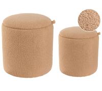 Lot de 2 Poufs avec Rangement Repose-Pieds Ronds Bouclé Rembourré Marron Clair